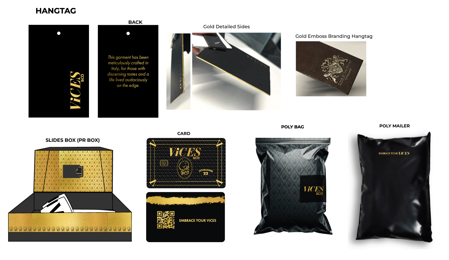 ViCES & Co. packaging layout: gold foil hangtag front and back, gold detailed edges, gold emboss branding hangtag, gold-lined slides PR box, branded card with QR, skull-print poly bag and gloss poly mailer